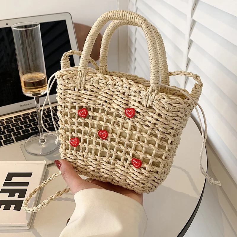 Borsa di paglia da spiaggia estiva bohémien borsa da donna tessuta a mano di moda borsa a secchiello femminile di design di alta qualità Shopper Love Money Bag