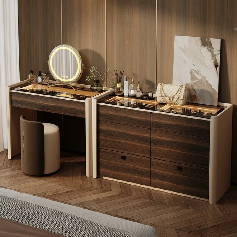 Italian Style Vanity Table with Chest of Drawers Integrated Dressing Desk with Flip Jewelry Storage Makeup Dresser for Bedroom
