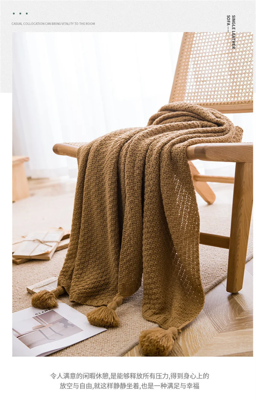 Nordische Decken für Bett, Sofa, Couch, grob gestrickte Tagesdecke, gestrickte Überwurfdecke mit Quaste, einfarbige Waffel-geprägte Decke – Detail 5