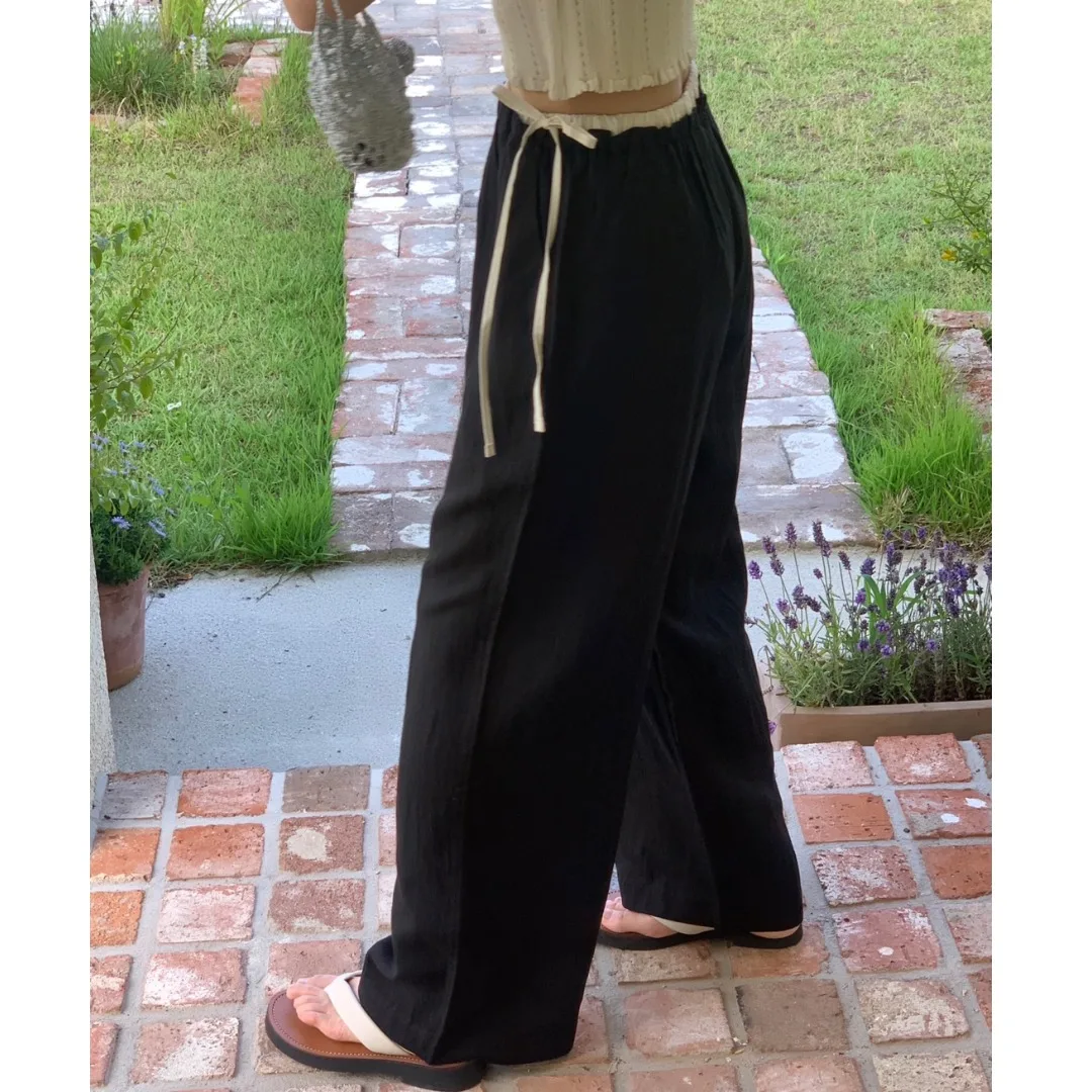 ハイウエストワイドレッグカジュアルパンツ レディース 夏 エレガント ノットタイ スプライス ロングパンツ 快適 通気性 おしゃれ