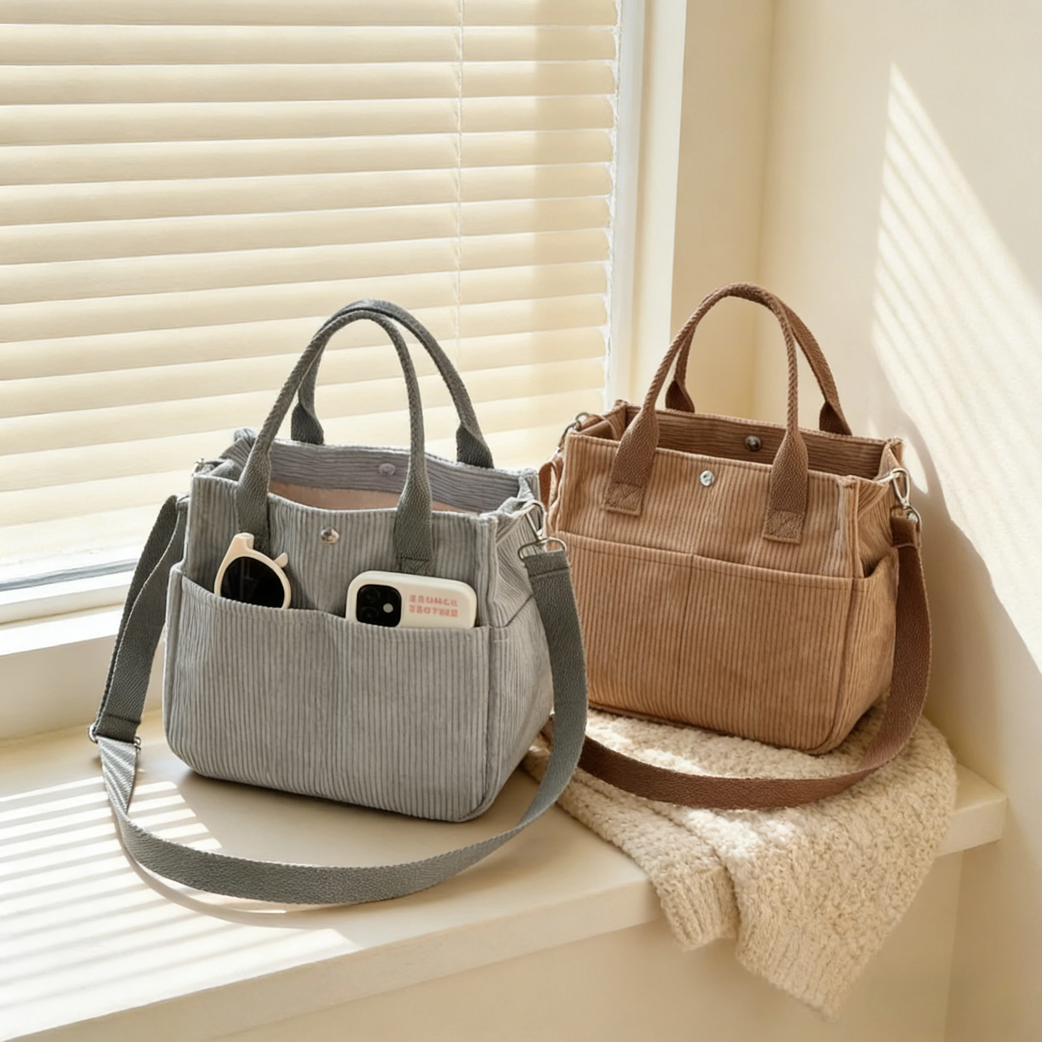 

Вельветовая сумка-тоут, сумка через плечо или на плечо, с множеством карманов, можно стирать вручную, однотонная, для повседневного использования.