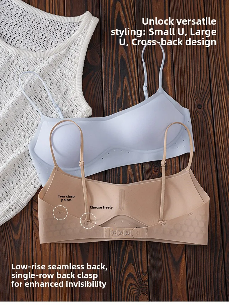 Ice Silk Low Cut Sexy Back Underwear Women Summer Thin Invisible Seamless Gathered Square Neck Backless Thin Strap Bra