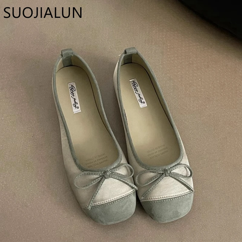 SUOJIALUN 2025 New Spring Women Flat Shoes Fashion Round Toe Shallow Slip On Ladies Ballet Shoes Soft Leather Eelgant Boat Shoes