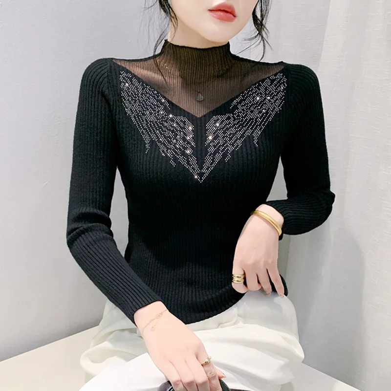 

Spring Autumn Long Sleeved Turtleneck Sexy Mesh Perspective Knitted Sweater Fashion Casual Hot Diamond Women Pullovers