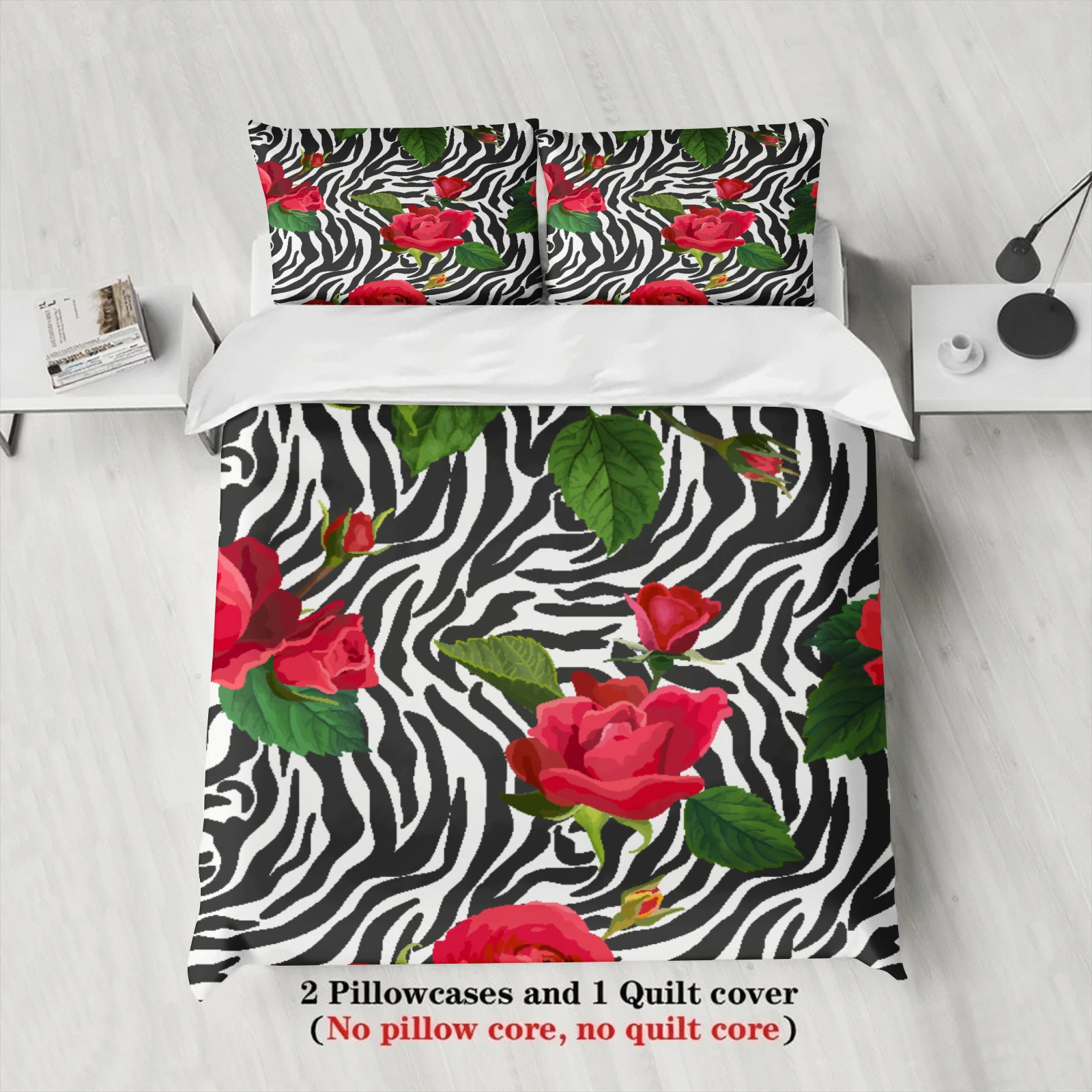 3pcs Vivid Roses Zebra Stripe Bedding Sets Modern Style Twin Queen King Size 100% Polyester Duvet Cover With 2 Pillowcases