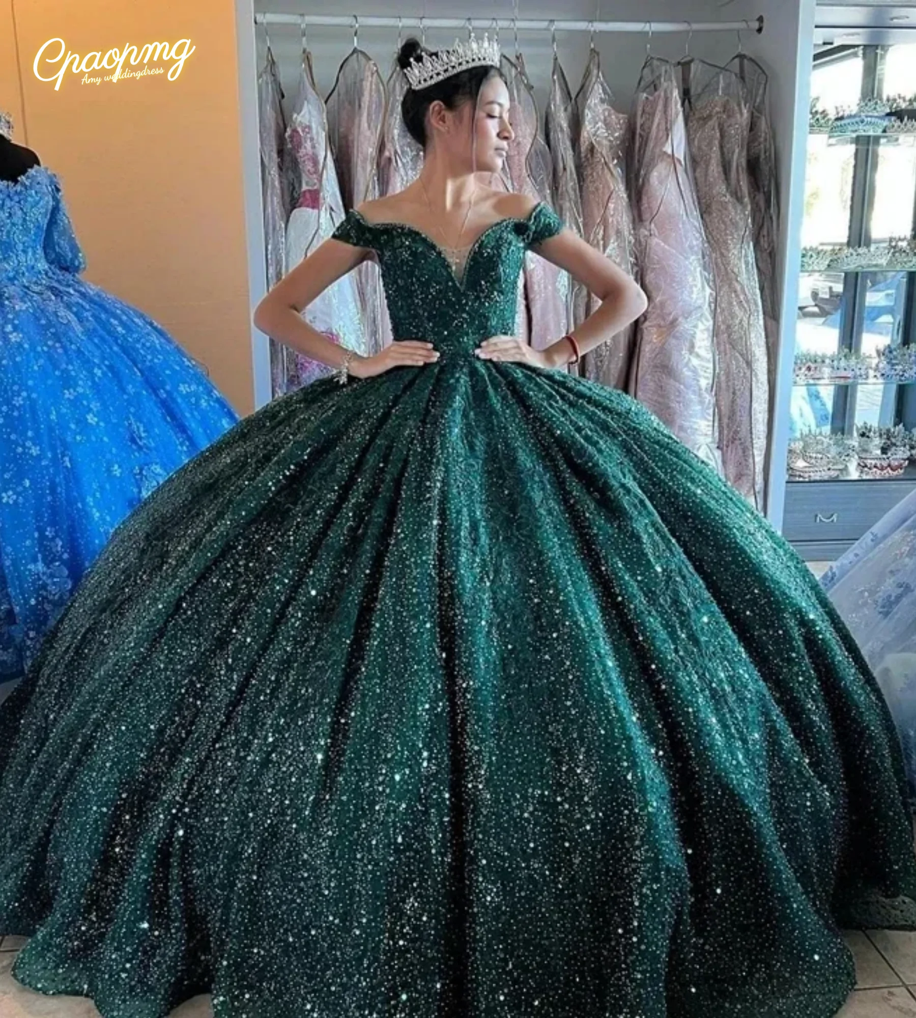 Vestidos quinceanera verdes brilhantes personalizados com miçangas fora do ombro festa de aniversário baile