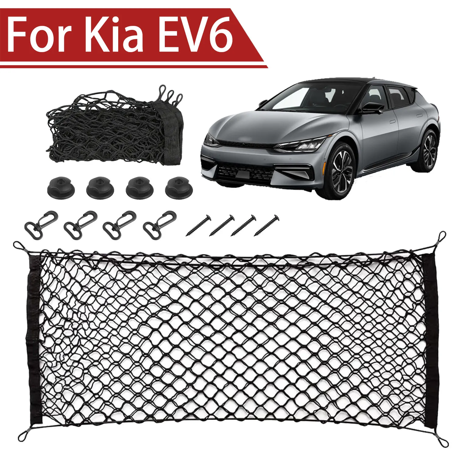 

For Kia EV6 2021-2025 Cargo Net Trunk Organizer, Elastic Mesh Storage Net Car Accessories Storage Belt Hook
