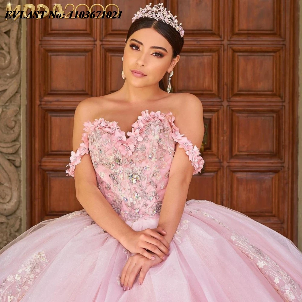 EVLAST Maßgeschneidertes rosa Quinnceanera-Kleid, Ballkleid, 3D-Blumen, Applikation, Perlen-Umhang, Korsett, Sweet 16, Vestidos De 15 Anos SQ599