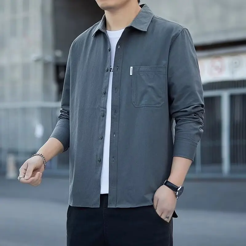 メンズ作業服長袖シャツ耐久性汚れに強いスタンダードフィット若者ファッション春シーズンボタン留めピュアカラー