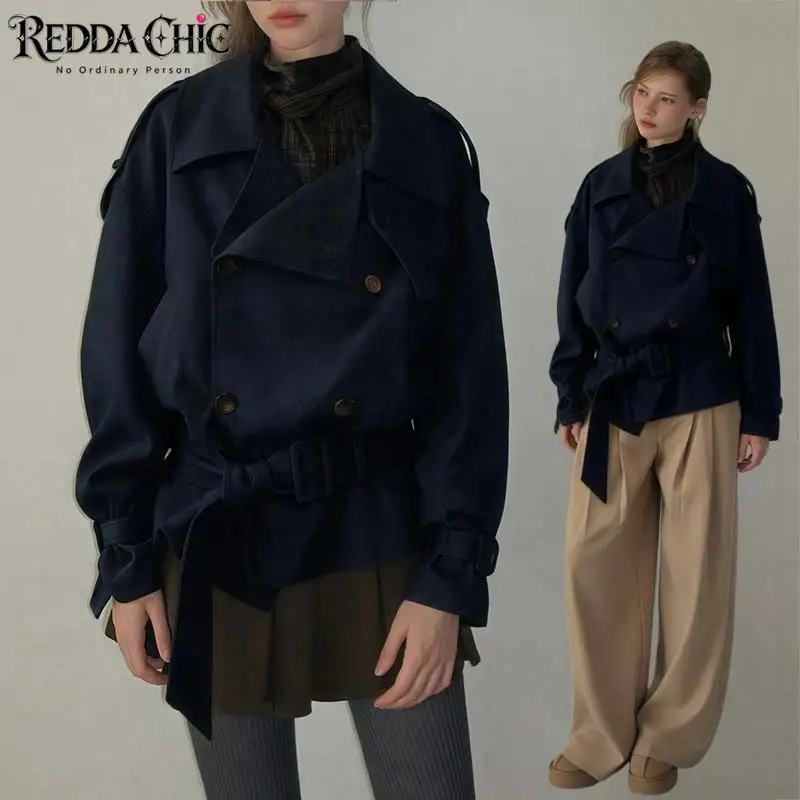 REDDACHiC Denim Cropped Trench Coat Women Lounge Loose Belt Double Breasted Long Sleeve Cleanfit Lapel Jackets Trendy Outwear