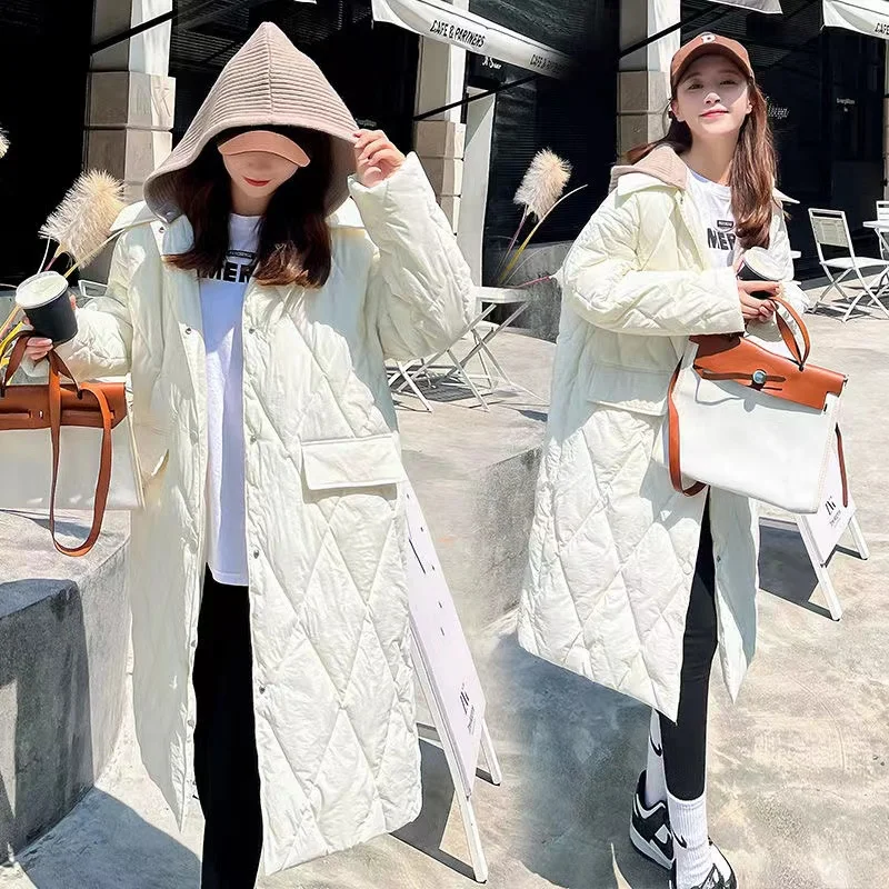 Medium-long Style Parkas Women Knit Hooded Patchwork Thick Cotton-padded Tops Loose New Winter Korean Style All-match Gentle