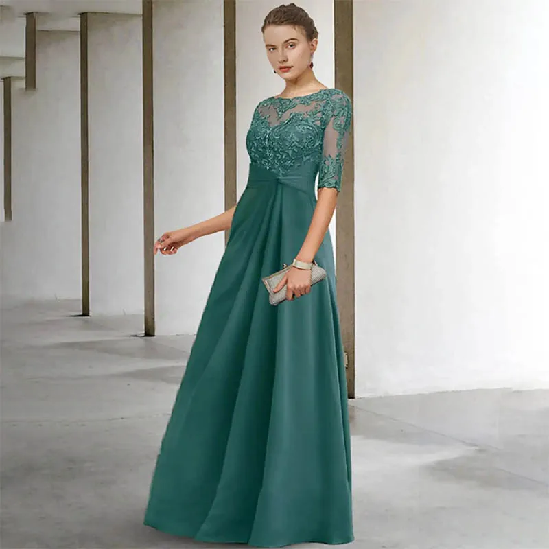 

New Arrival Graceful Mother of the Bride Dress Floor- Length Chiffon Sequin Appliques Pleats Short Sleeve Mother Dresses