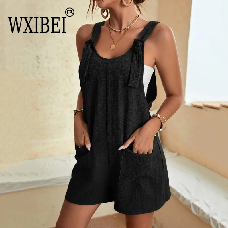 Wxibei 2024 Sommer Damen Overall Overalls kurze lose ärmellose breite Bein insgesamt solide lässige Stram pler mit Taschen alh081