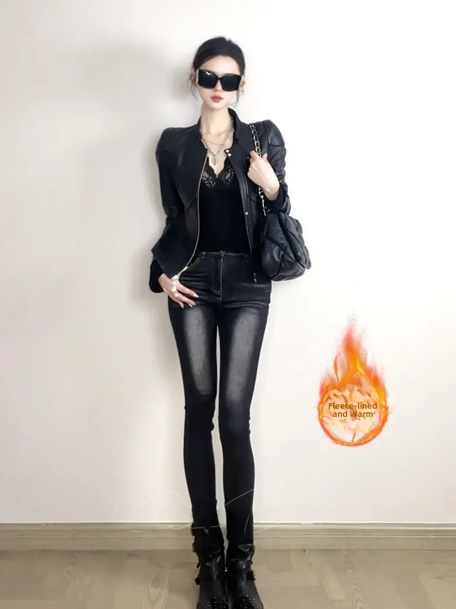 

High Waist Fce Lined Slimming Denim Jeans Bla ey Women's Autumn Winter High Waist Lifting Hip Warm Versatile Ankle Length