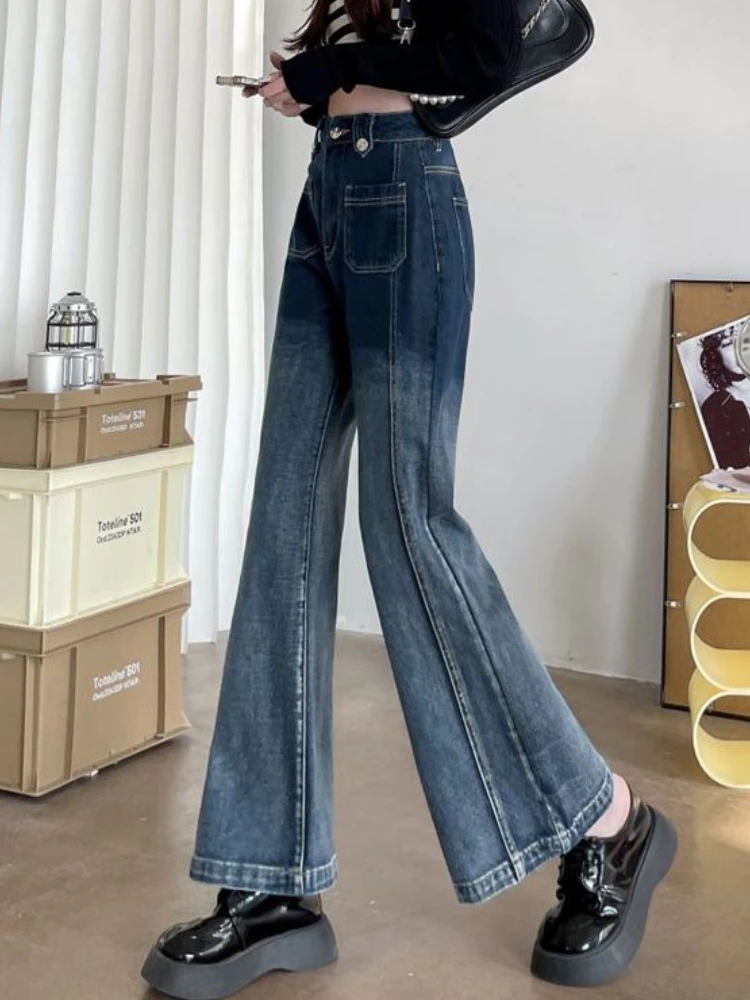 Ankle-length Flare Jeans Women Summer Loose Design Gradient Tender Elegant High Street Daily Empire Hot Sweet Korean Style Cozy