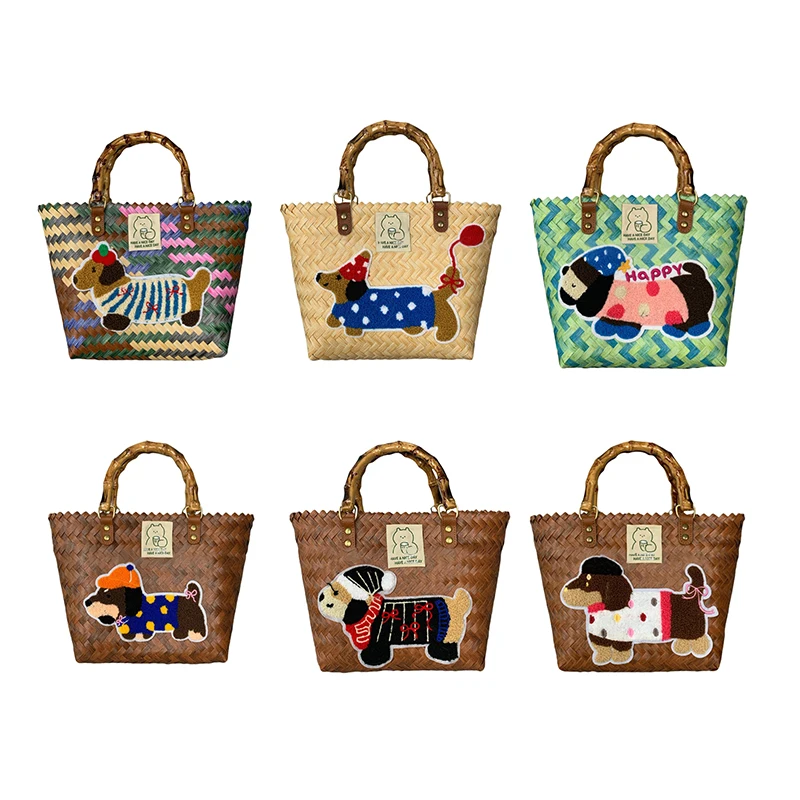 Retro Woven Bag Striped Dachshund Dog Tote Bag Cute Handbag Large Capacity Tote Bag Fashion Bamboo Handle Vegetable Basket Bag