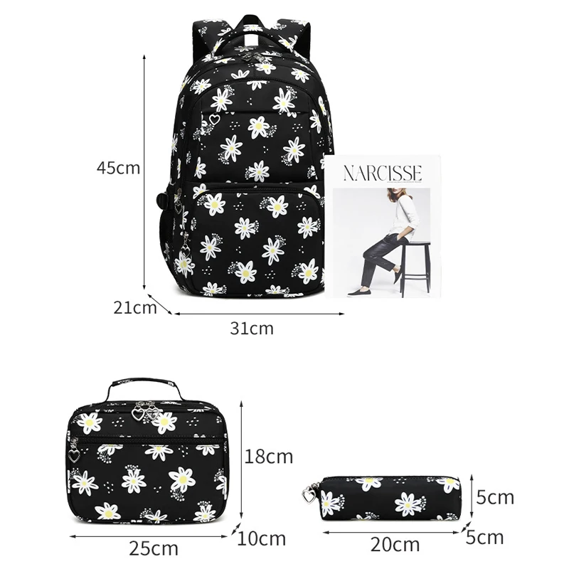 3 Pcs Set Children\'s Backpacks Cute Student School Bag for Teenage Girls Waterproof School bags With Lunch bag Pencil Case