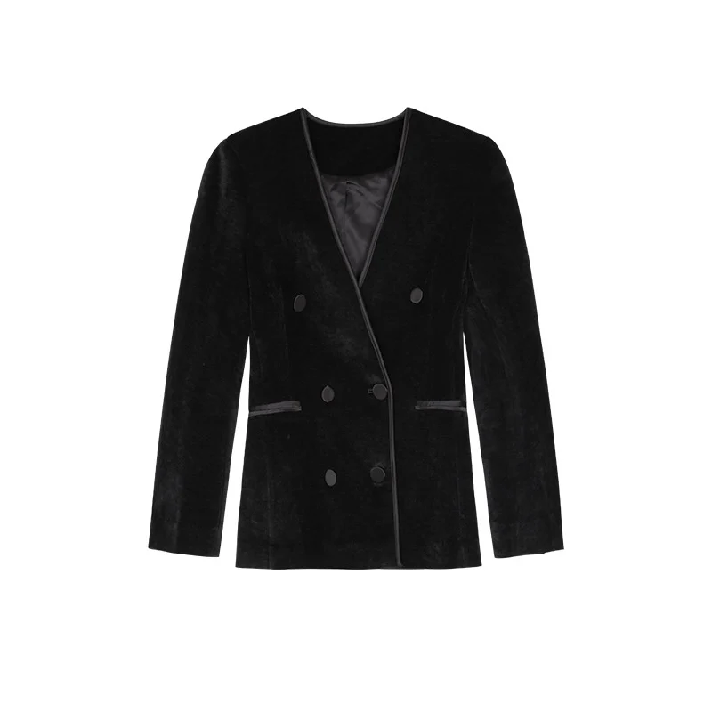 Traje de terciopelo Ele Swan Conjunto de Jaet y orts para mujer V-Ne Ajuste a medida Botón largo Sve Detalle de viaje Sle Otoño Col...