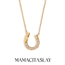 MamacitaSlay 18K Gold Plated Sparkling Horseshoe U-shaped Pendant O-chain Women's Stainless Steel Necklace Jewelry On The Neck