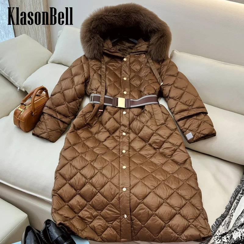 9.6 KlasonBell Women Luxury Fox Fur With Metal Belt Long Goose Down Jacket Quilted Argyle Plaid Spliced Long Sleeve Down Coat