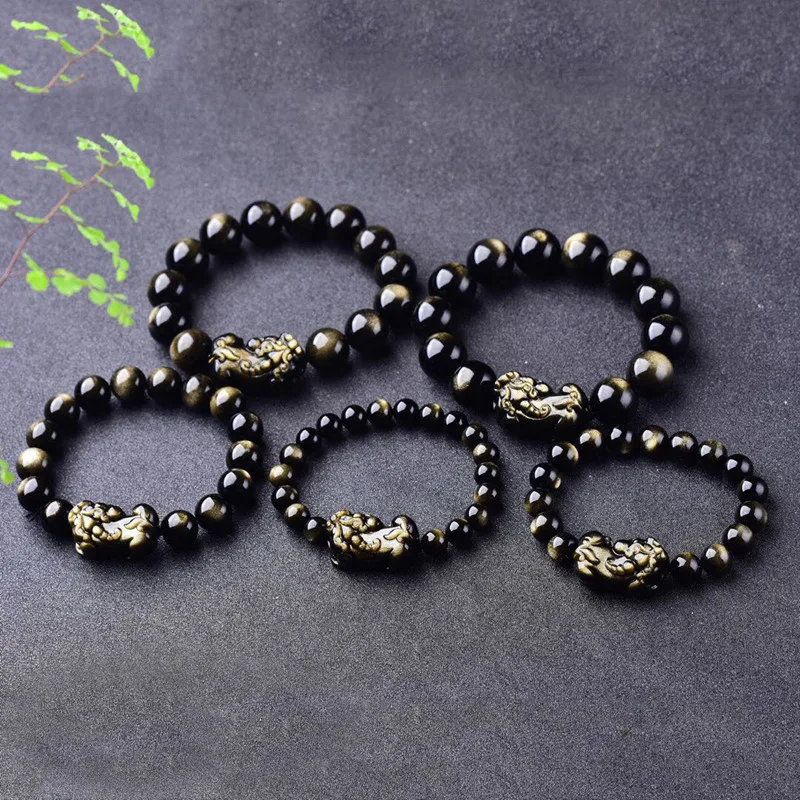 Natural Gold Obsidian Bracelet Men Women Healing Gemstone Fine Jewelry Pulsera Feng Shui  Pixiu Obsidian Wealth Bracelets Bangle view 4