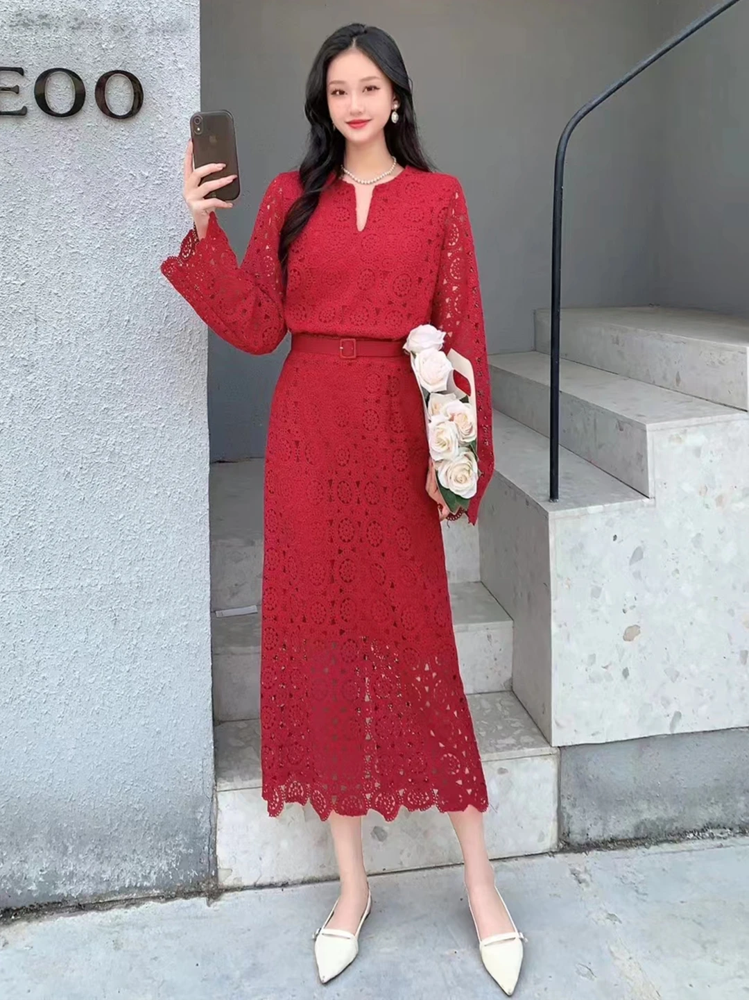 2024 New Spring Autumn Women Vintage Hook flower hollow Lace Skirt Suits Elegant Long Sleeve Top And Long Skirt Two Piece Set