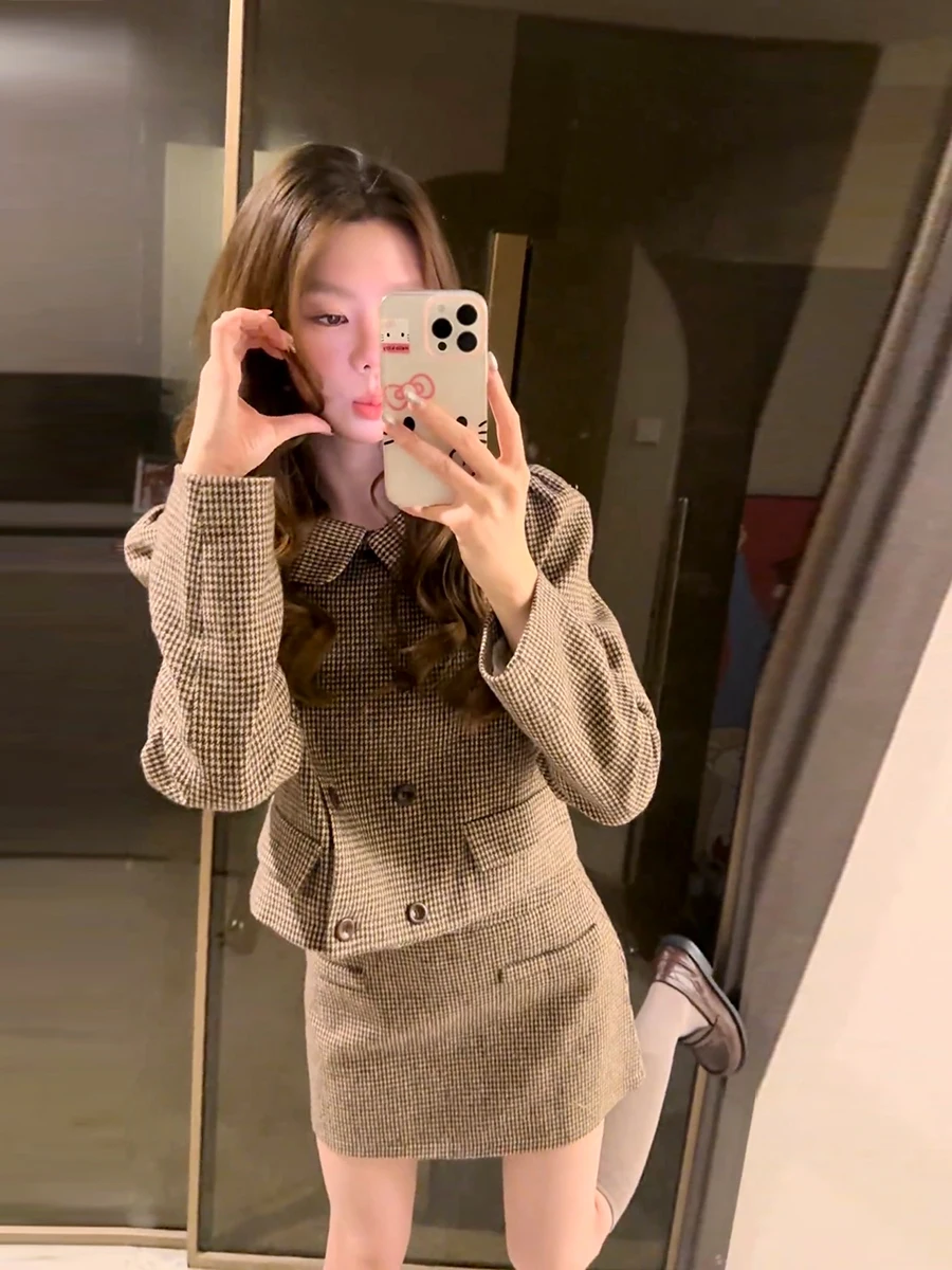 Retro Ladylike Plaid Set Women's Short Coat Skirt Half-length Doll Collar Autumn Winter New Style Fashion Set High Waist Slim...