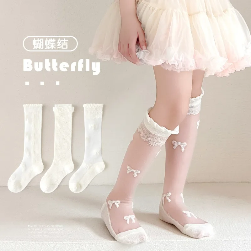 RAISE 3 Pairs/bag Lace Socks Girls Summer Long Socks Floral Pattern White Socks Knee Socks Thin Butterfly Kids Girl Cotton Socks