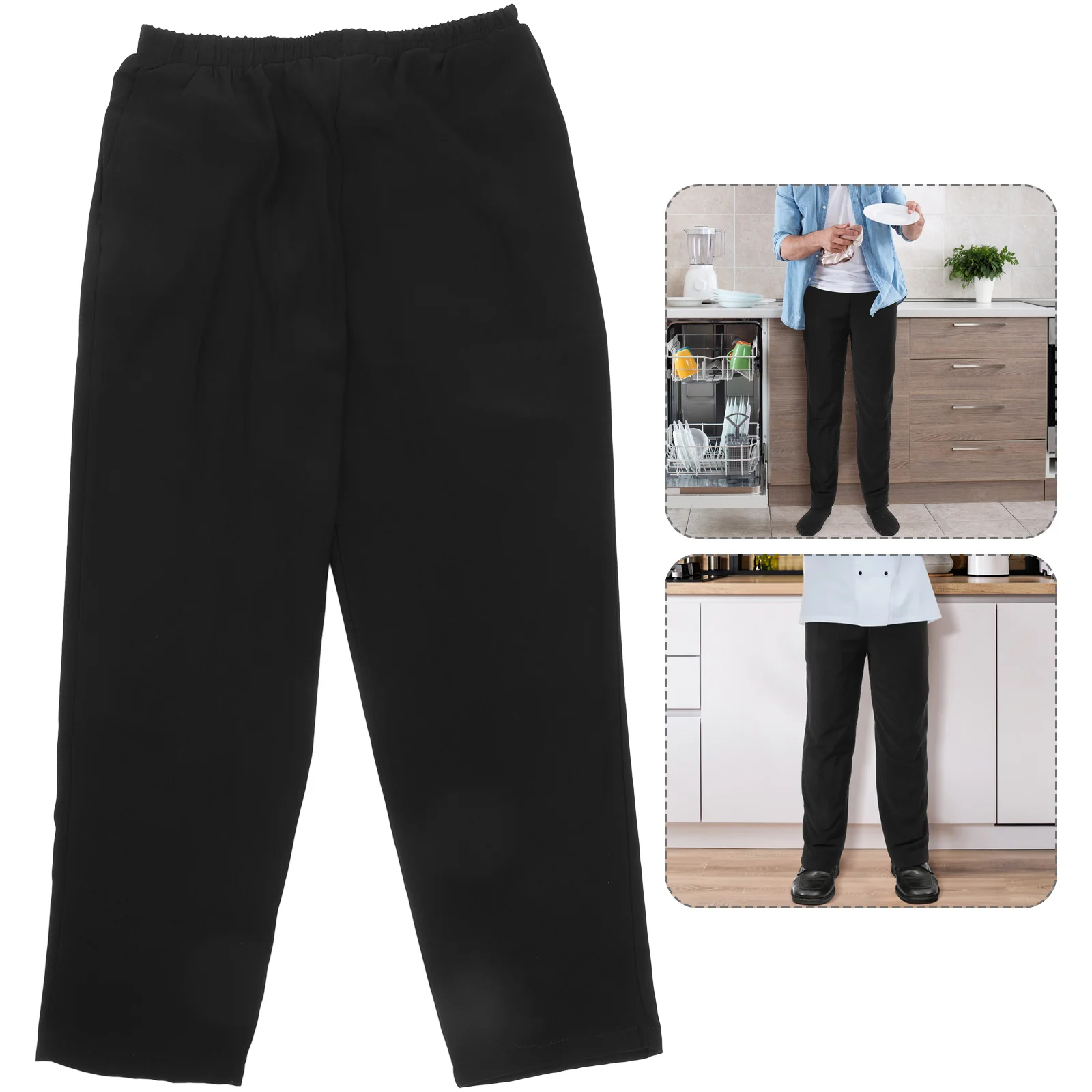 Polyester-cotton Chef Pants Canteen Uniform Overalls Kitchen Workwear Working Clothes Black