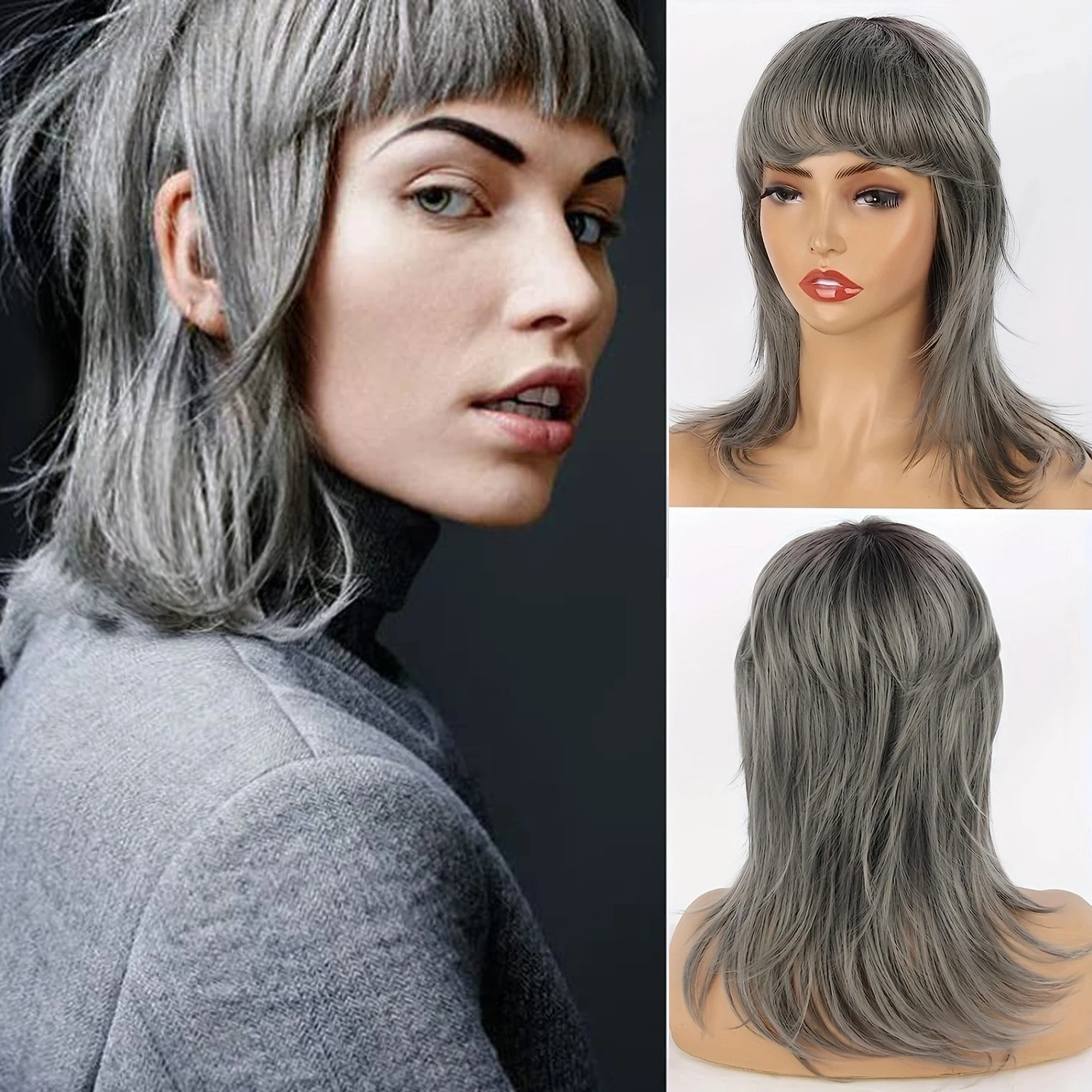 Black Women Synthetic Mullet Wig 80s 90s Black Mullet Wig with Bangs for Daily Party/Halloween/Cosplay