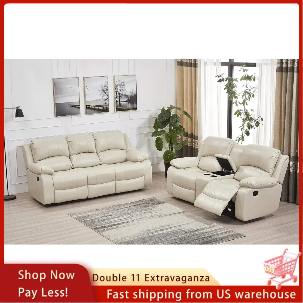 

2PC Bonded Leather Recliner Set,Loveseat,bonded leather upholstery,pillow top backrest and armrests,Beige livingroom furniture