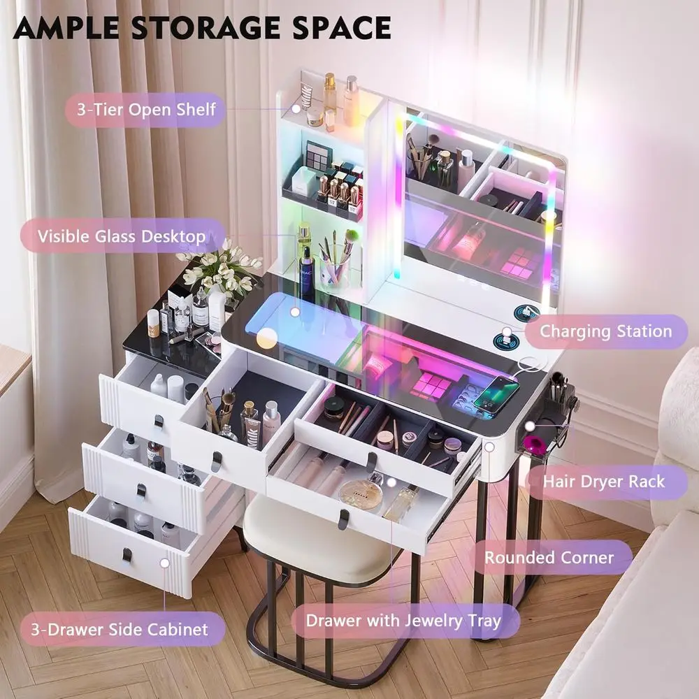 Gurexl RGB Vanity Desk with WirelCharging Station,Vanity Table with Lights and Mirror,7 and 7 Static Dimmable Vanity Set with US view 5