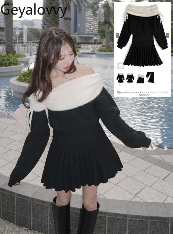 

Милое элегантное платье с длинными рукавами в японском стиле Pure Desire для женщин, короткое платье с открытыми плечами и поясом с цветными блоками