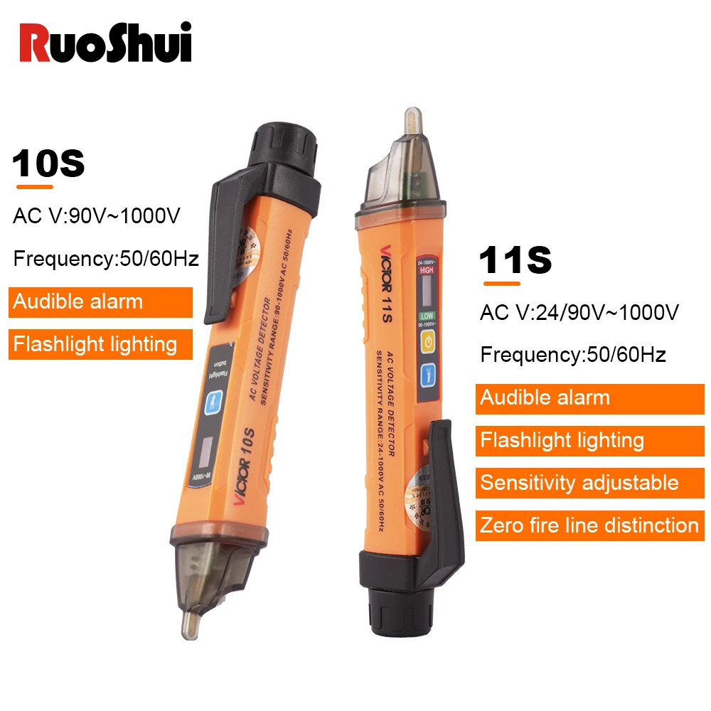 RuoShui 10S الجهد الكهربائي فولت كاشف اقلام الفحص التيار المتناوب لا الاتصال الاستشعار 12-1000 فولت التعريفي تستر قلم رصاص