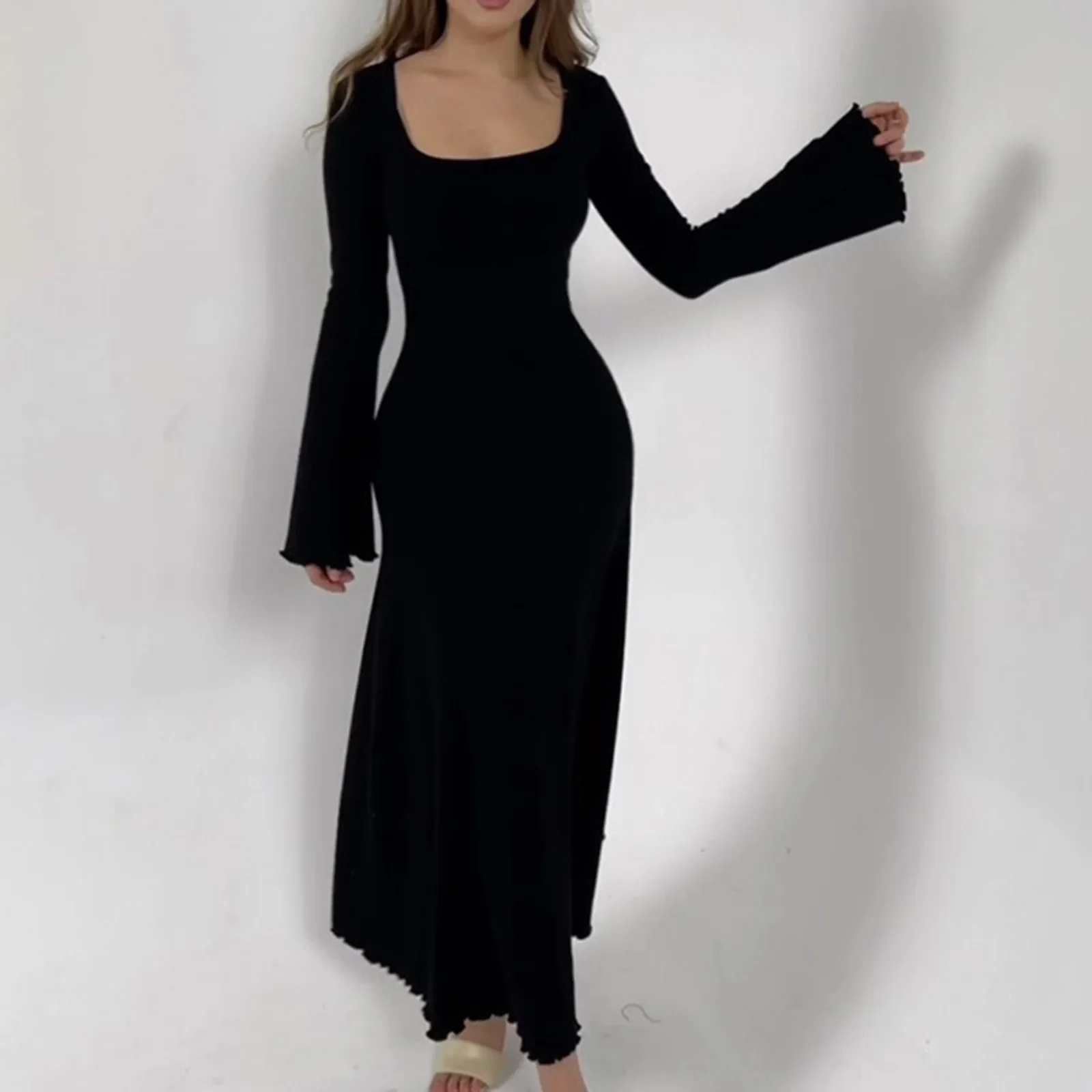 Winter Women Long Sleeve Square Neck Slim Fit Dress Autumn Winter Solid Color Knitted Long Dress for Daily Street Dress Robe