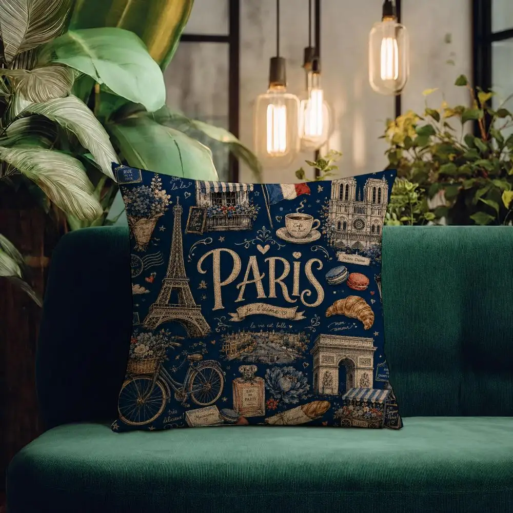 Art Paris Travel Tote Cushion Cover Natural Linen Pillowcase Set Cushion Cover for Sofa Bedroom Chair