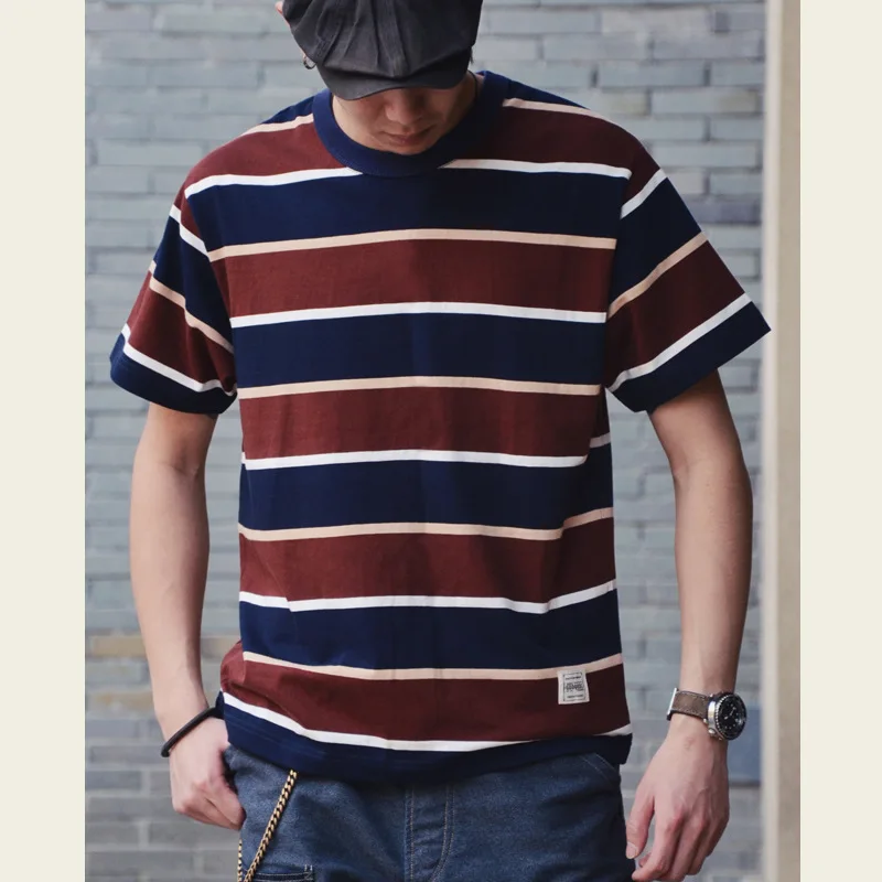 230G Heavyweight Cotton Striped T-shirt Men Summer Fashion Short Sleeve O-Neck Vintage Pullovers High Quality Classic Daily Tops