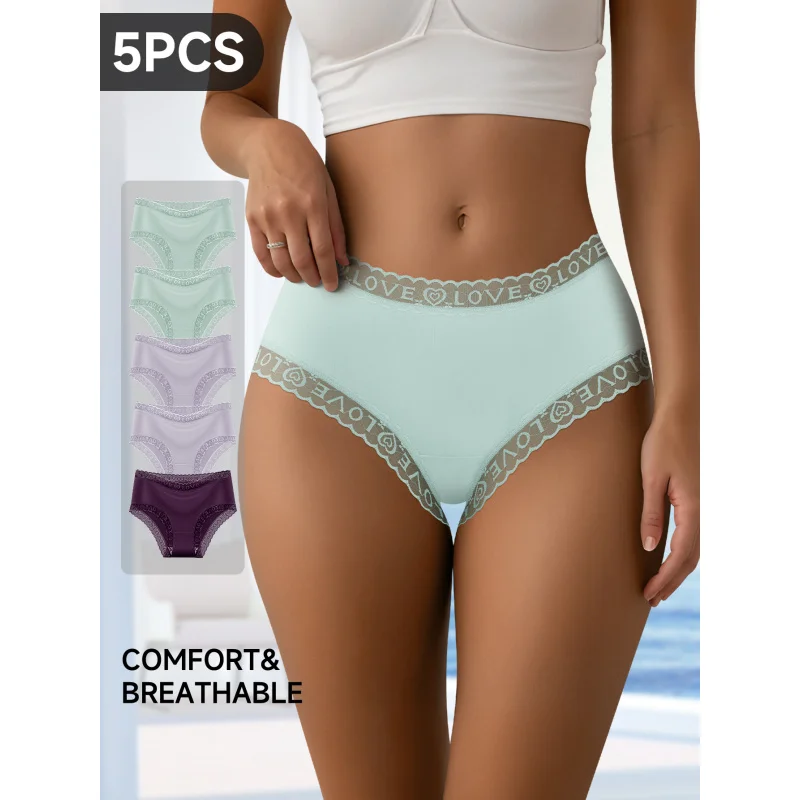 

5 шт./компл. женские трусы с низкой талией, однотонные трусы, мягкие и удобные дышащие трусики с кружевной отделкой, приятные для кожи