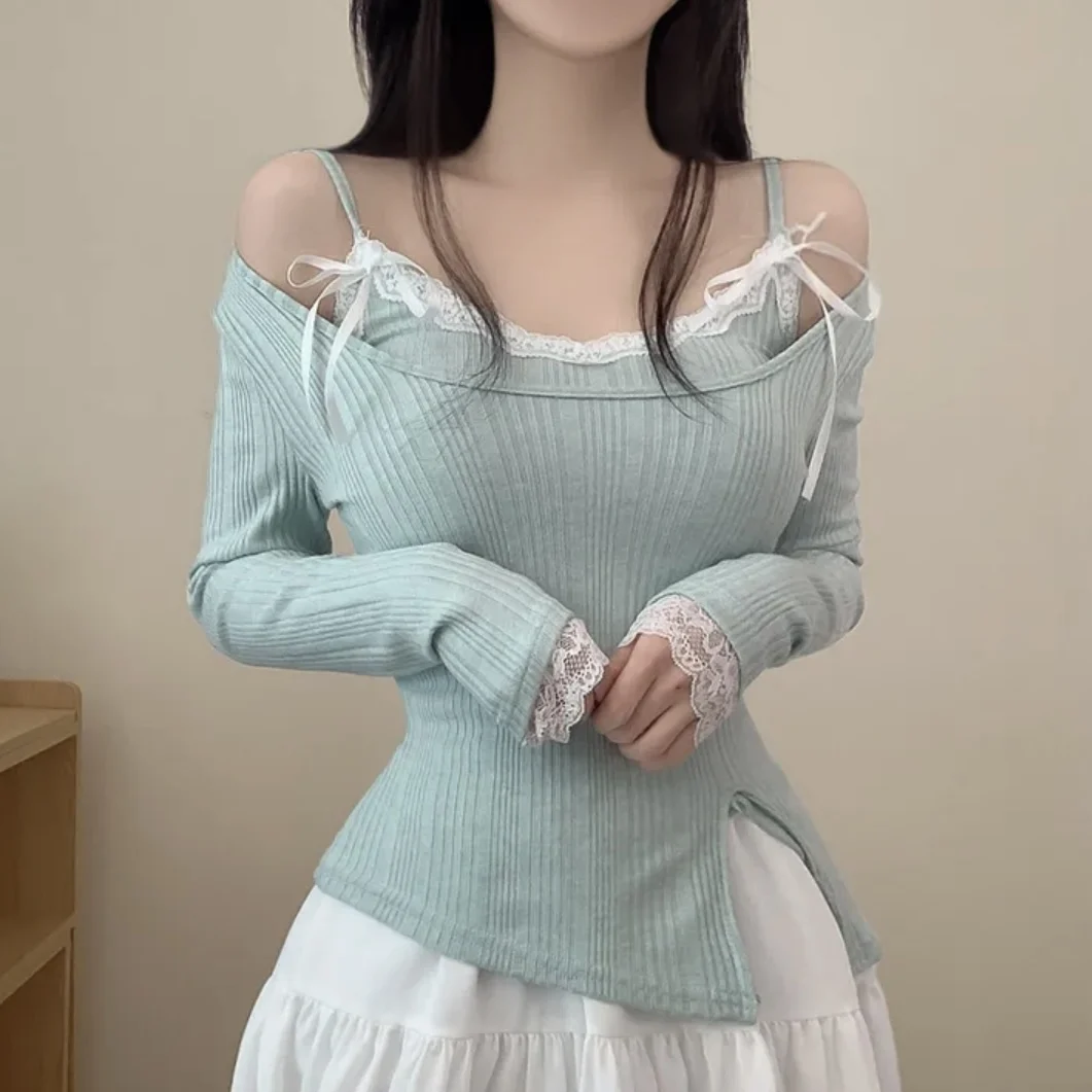 

Chic Lace Trim Long Sleeve Body Shaping Vest Glittering Split T-Shirt Two Piece Set Summer 2026 Fashion Women's Ensemble