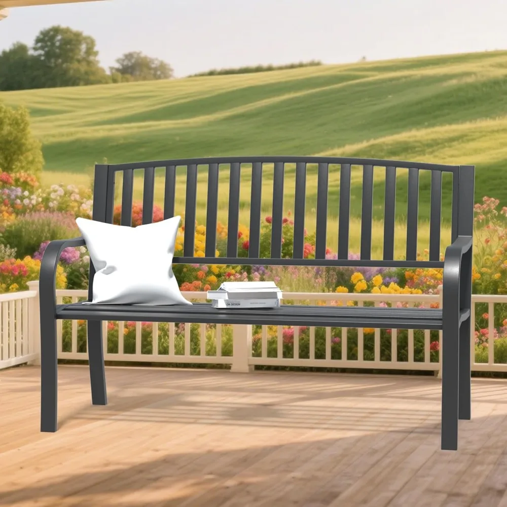 

50" Outdoor Bench, Metal Garden Bench, Patio Park Bench with Backrest & Armrests, Rust-Resistant, Perfect for Gardens,