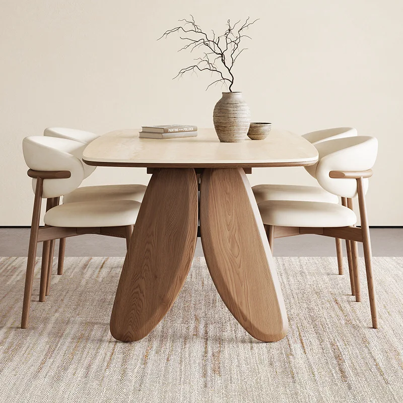 

French retro solid wood dining table rock slab family home small unit travertine American medieval table