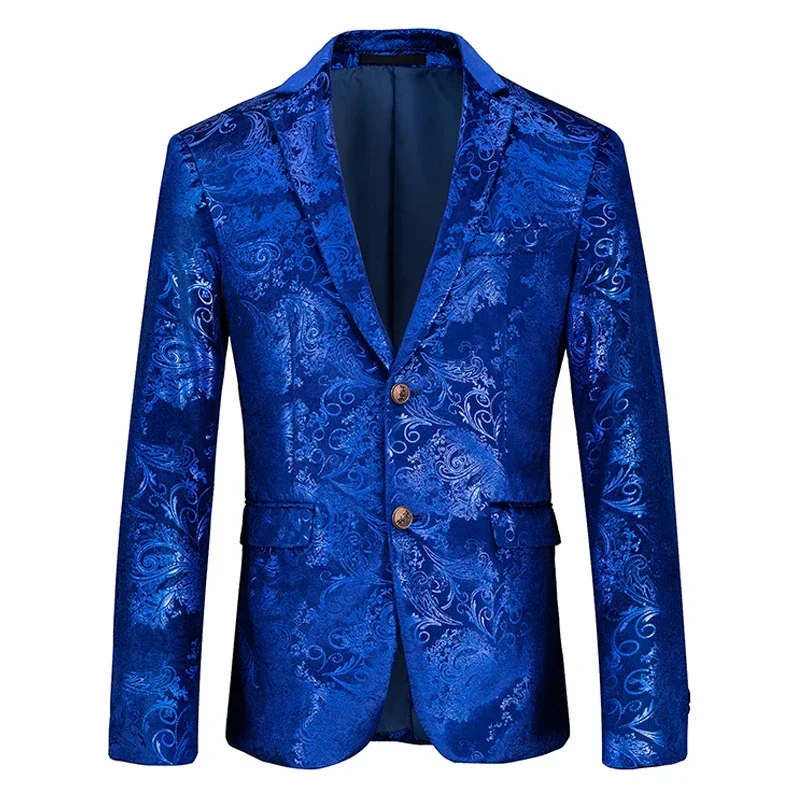 Stylish Blue- Gold/silver British Velvet Hot Stamping Blazers for Men  , American Casual Wedding Banquet Slim Jacket, Eur Size