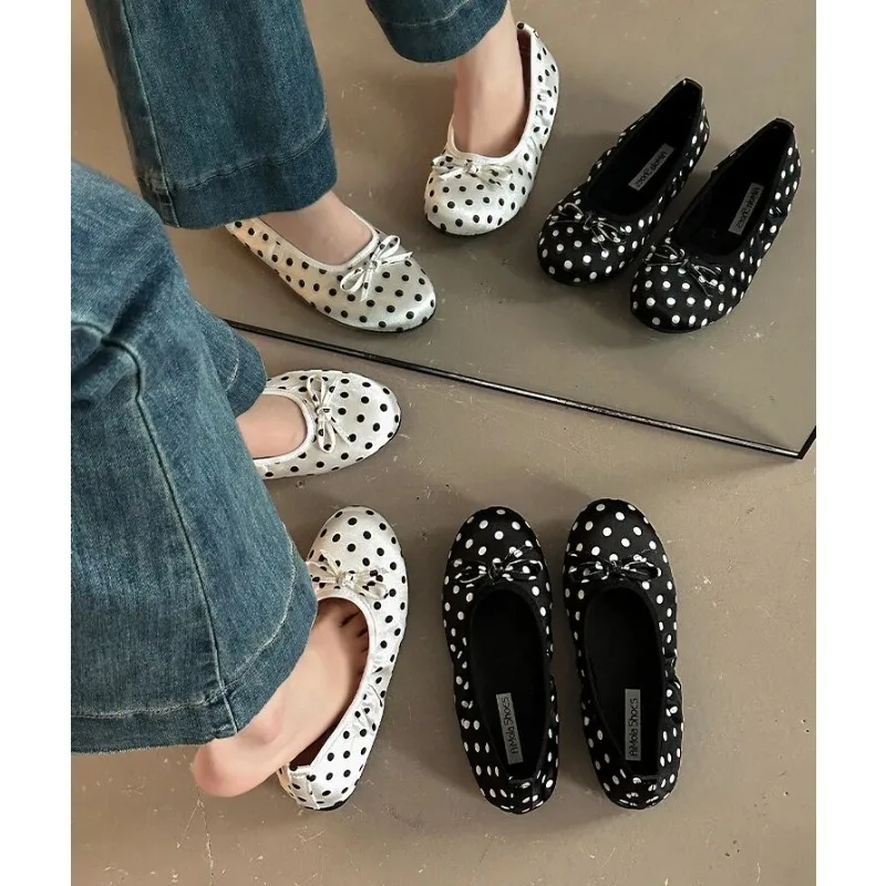 

Women Polka Dot Ballet Flats Bow Satin Soft Sole Shoes Casual Comfort Round Toe Slip On Ladies Daily Walking Ballerina Shoes