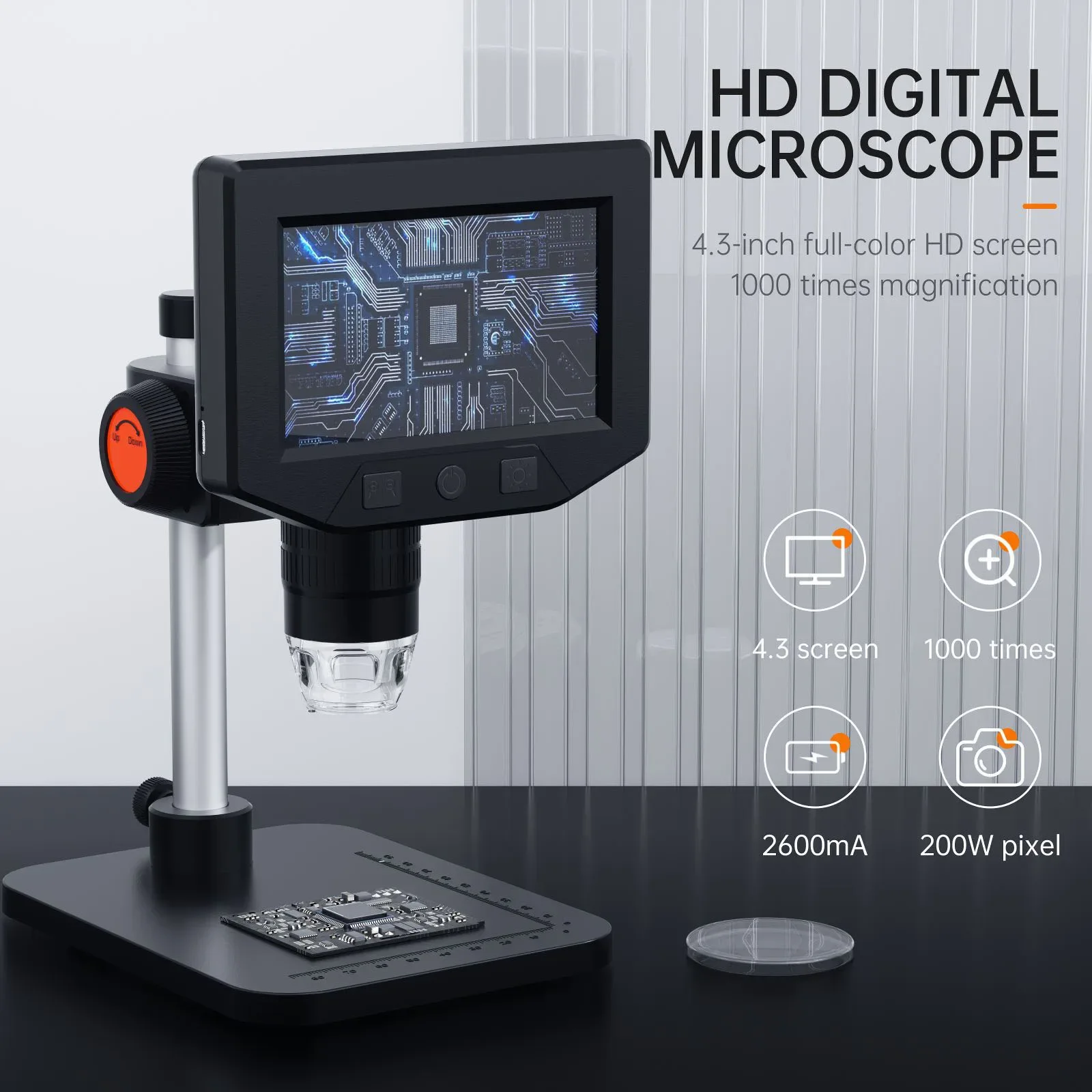 1080P Video Microscope 1000X Microscope Home Learning Learning Tool Monocular Objective 4.3 Inch Display 50-1000X Magnification