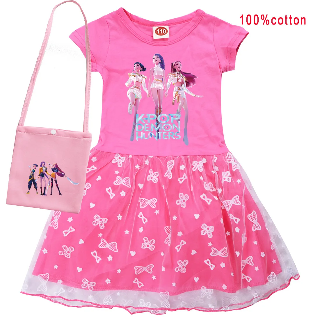 

Kpop Demon Hunter Одежда Детское кружевное платье для свадебной вечеринки Повседневные платья с короткими рукавами для маленьких девочек с маленькой сумкой Детское платье