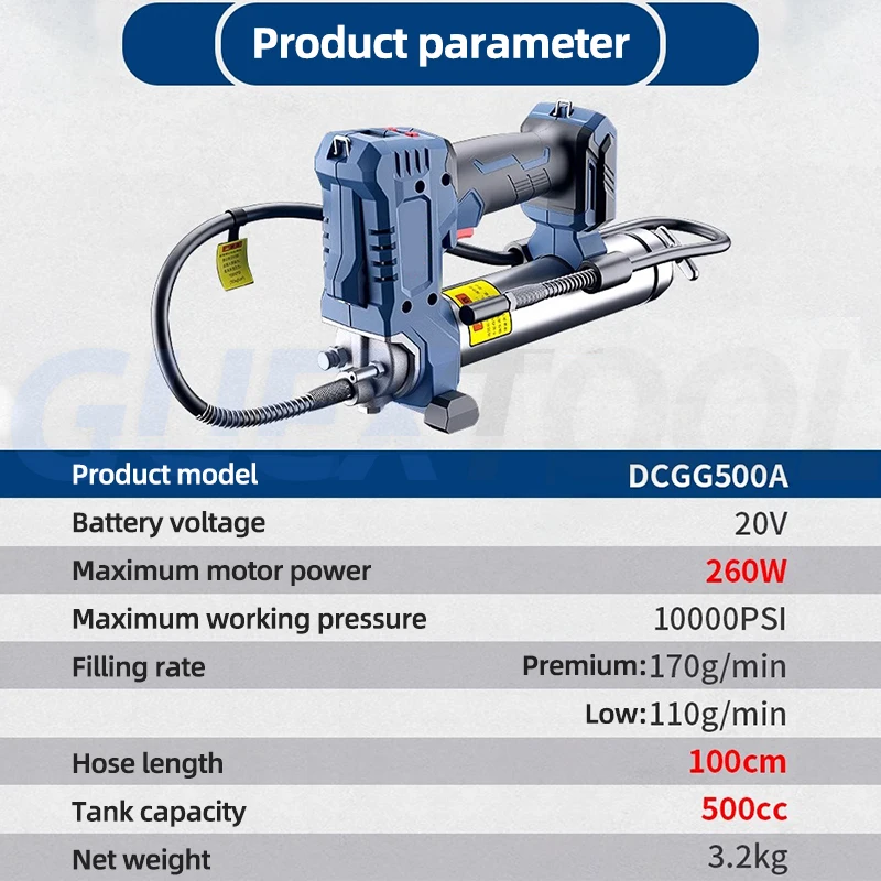 Pistola portátil de inyección rápida de grasa cilindro de aceite batería de litio 20V 260W excavadora de mano 500cc