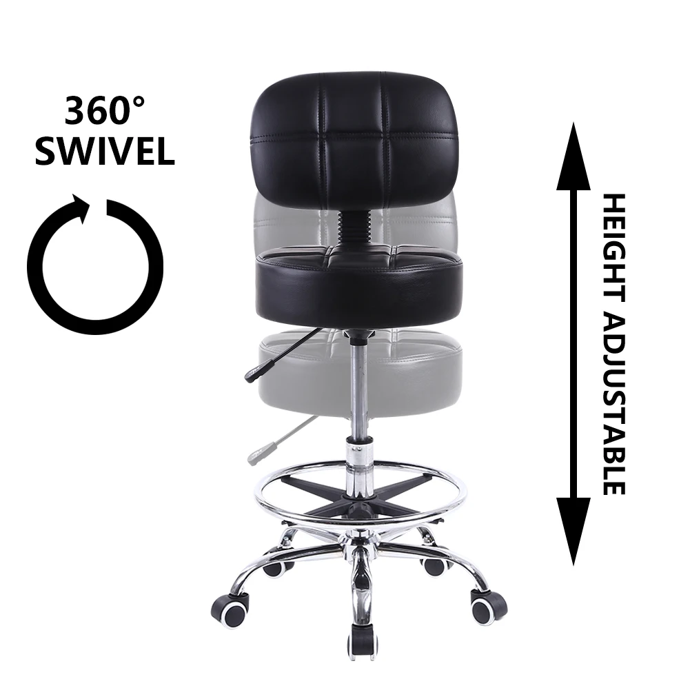 KKTONER Swivel Round Rolling Stool PU Leather with Adjustable Foot Rest Height Adjustable Task Work Drafting Chair with Back