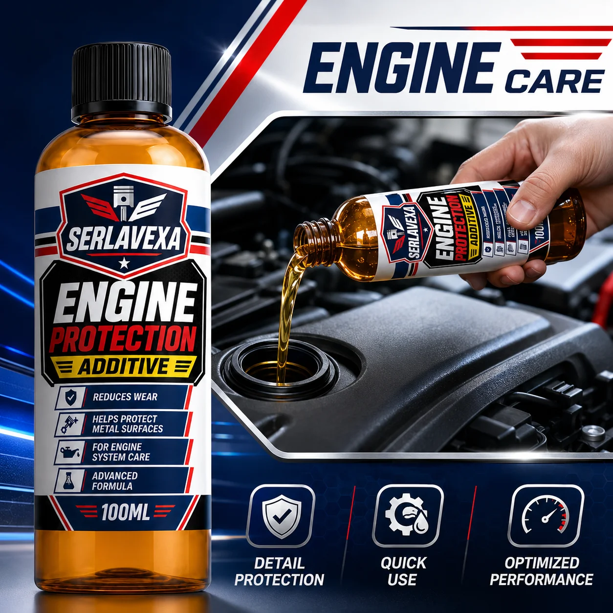 SERLAVEXA Engine Care Additive 100ml for Automotive Motor Maintenance, Wear Reduction, Smoother Running and Noise Control