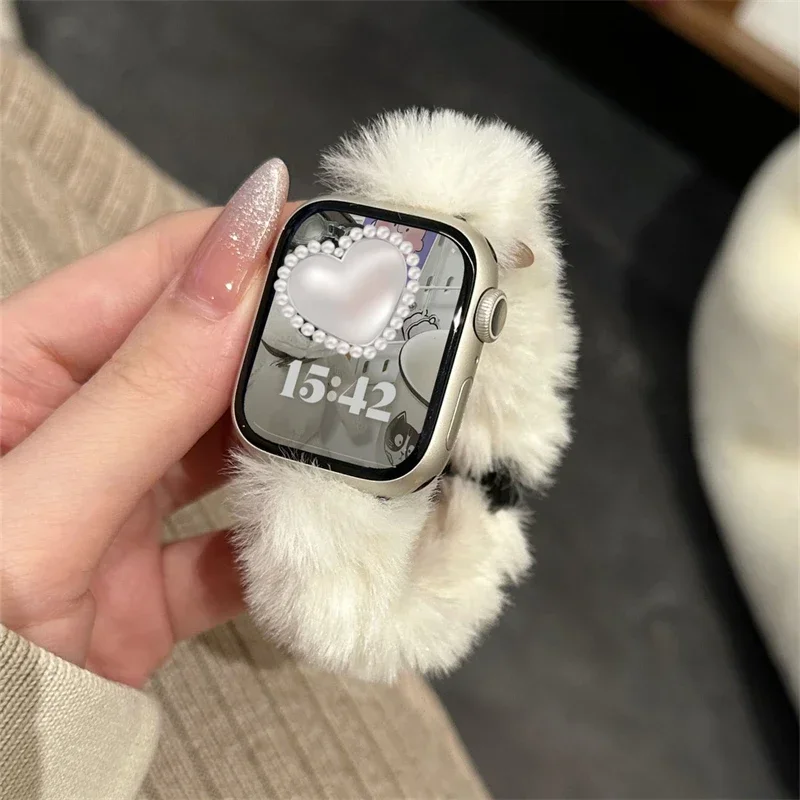 2024 Magnetic Winter Fluffy Plush Strap For Apple Watch 9 8 7 SE 6 5 correa Girl Band Bracelet For iWatch 41mm 49 38 44 40mm 45