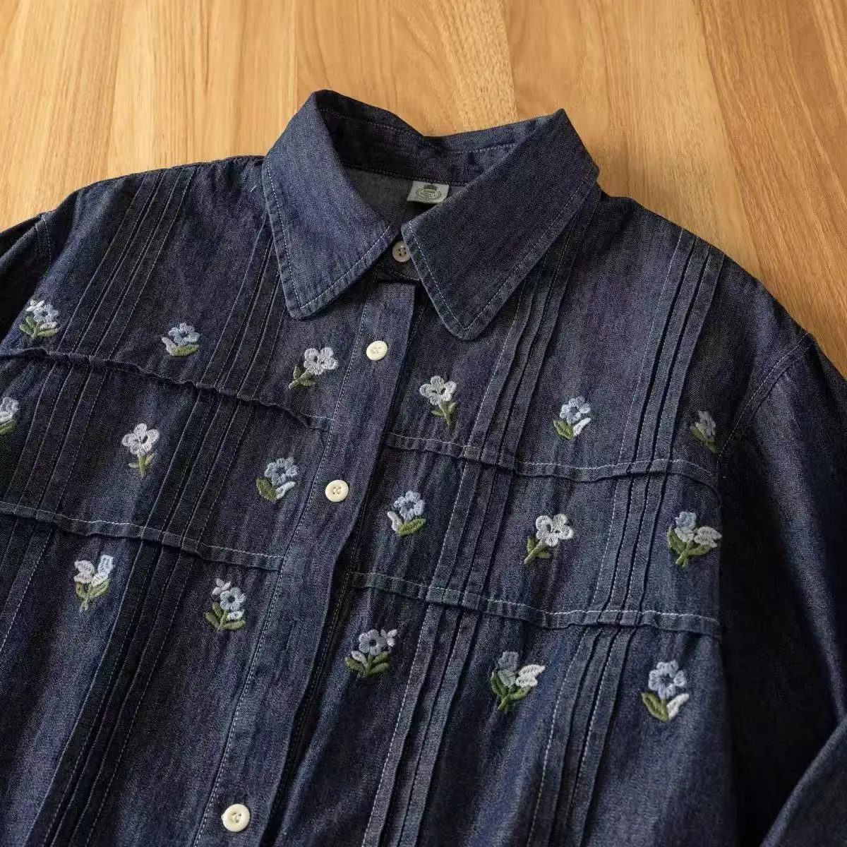New 2025 Spring Denim Long Sleeve Shirt, Women Lapel Floral Embroidery, Mori Girl Retro Simplicity INS Loose Blouse T53433CC